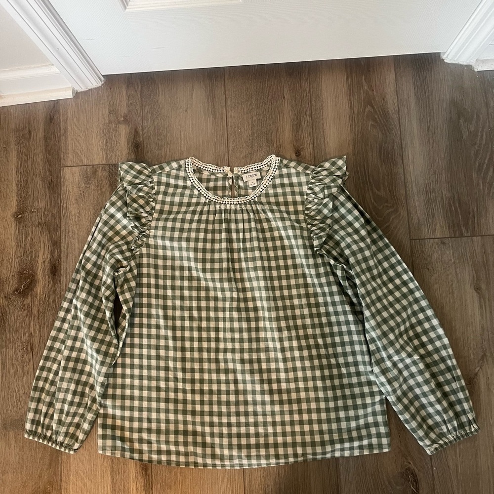 J. Crew Green and White Gingham Blouse with Ruffle Details